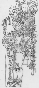 Black and white line drawing of a male figure on a Maya stela. The figure is standing in profile view wearing elaborate regalia on his whole body and carrying a sceptre and a shield.