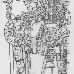 Black and white line drawing of a male figure on a Maya stela. The figure is standing in profile view wearing elaborate regalia on his whole body and carrying a sceptre and a shield.