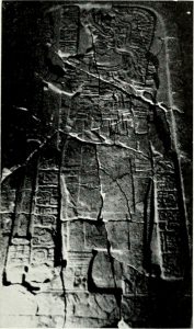 Black and white photo of a Maya stone stela face lying on the ground, it depicts a man in elaborate regalia, but the stela has clearly been broken into several large and irregularly shaped pieces.