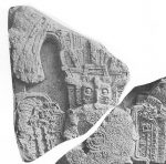 Black and white photograph of a Maya stela in four pieces. It depicts a standing man in regalia. The headdress in question is the top fragment.